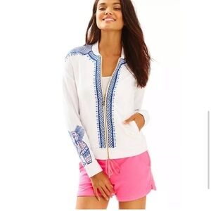 Medium Lilly Pulitzer joleen bomber jacket embroidery elephant white blue zip up